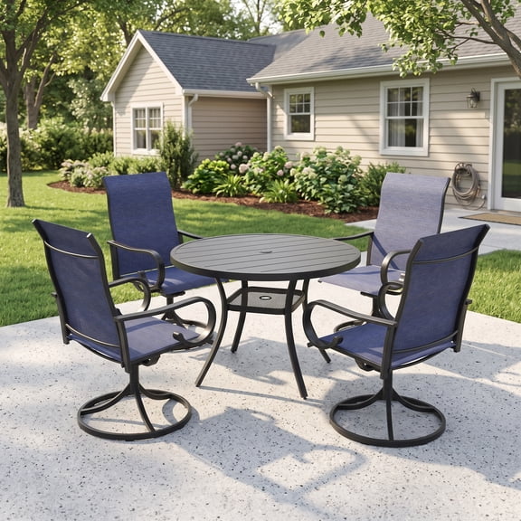 DIFY 5PCS Patio Furniture Set, 41" Round Dining Table and 4 Swivel Textilene Chairs, Blue