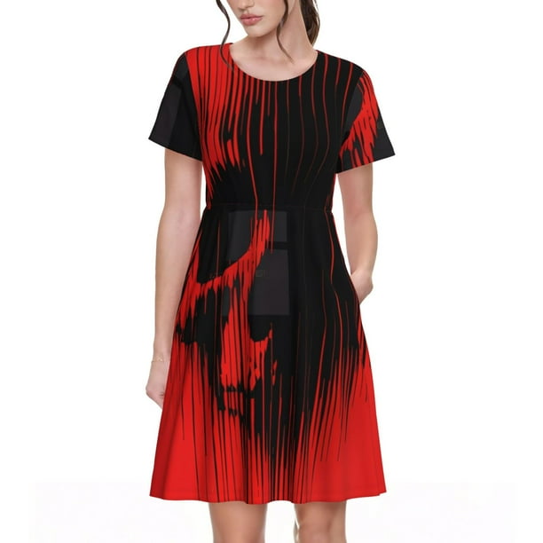 Fotbe Minimalist Skull Red Vestido Largo de Moda para Mujer, Vestido Tipo Camiseta con Manga Corta y Estilo Casual a Rayas y Bloques de Color