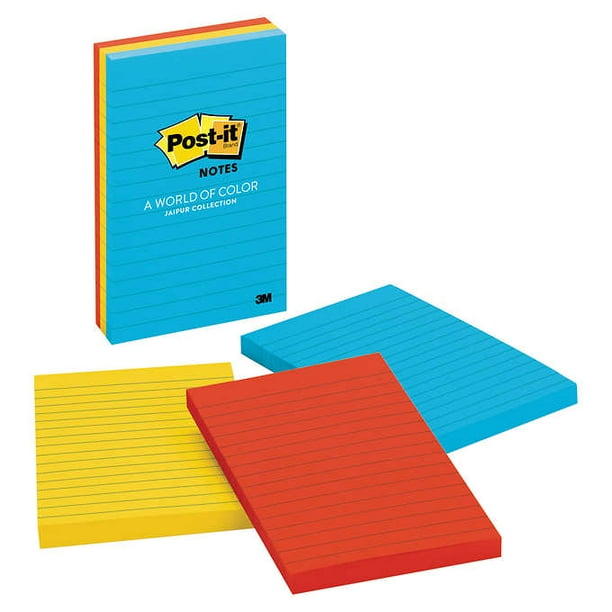 Postit Self Stick Ruled Notes, 4" x 6" Assorted Colors, 6count