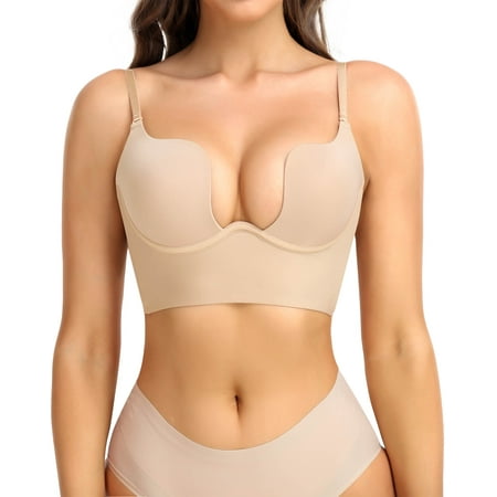 MANIFIQUE Women s Low Back Bra Wire Lifting Deep U Shaped Plunge Backless Bra with Convertible Clear Straps