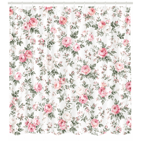 CasaVelle Floral Shower Curtain, Pink Rose Botanical Leaf Design, Polyester Bathroom Decor, 36 x 72 in