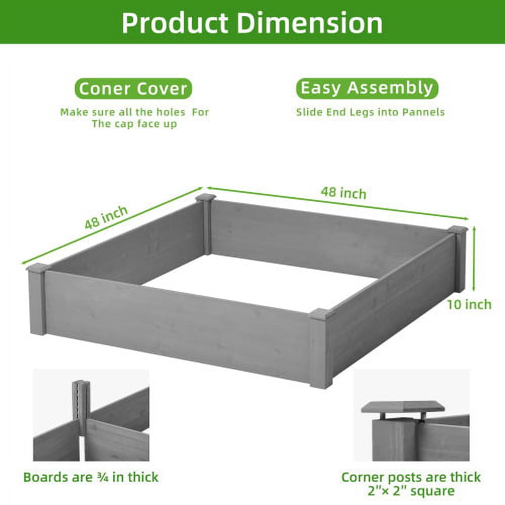 Howcool Outdoor Raised Garden Bed, Square Wooden Planter Box for Vegetables & Flowers, Above Ground Gardening Bed, Tool-Free Easy Assembly for Backyard Patio, Gray,48x48x10''
