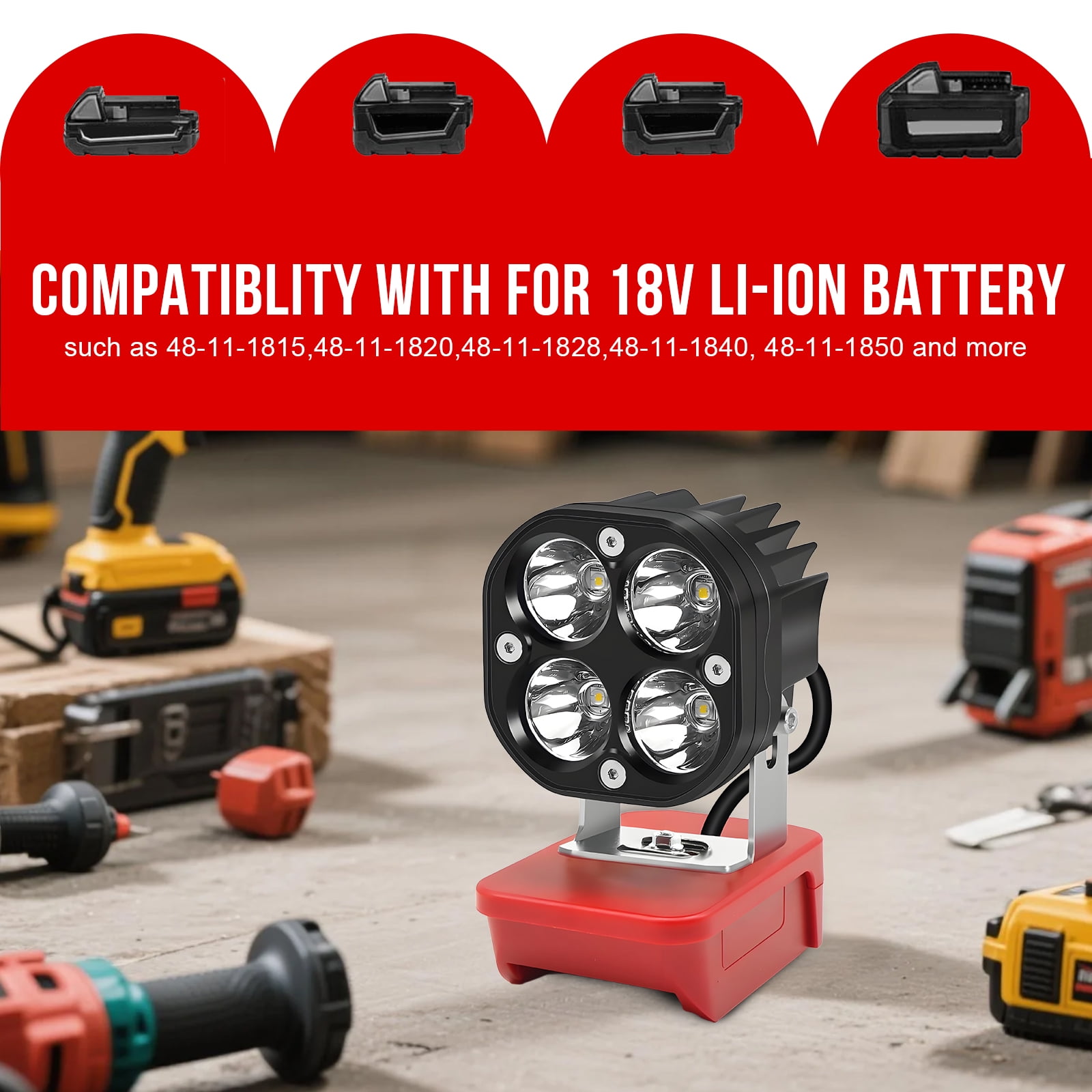 Cordless LED Work Light Compatible with Milwaukee 18V Battery, 48W 4800LM Flashlight, with Low Voltage Protection Adjustable 110° Flood Light for Outdoor Emergency Job Site Lighting