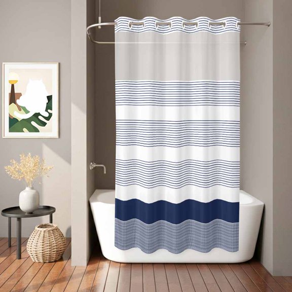 Abstract Navy Blue Stripe Line No Hook Shower Curtain with See Through Top Window,Classic Minimalist Lines Waterproof Shower Curtains for Home Hotel Bathroom Decor,36x72in