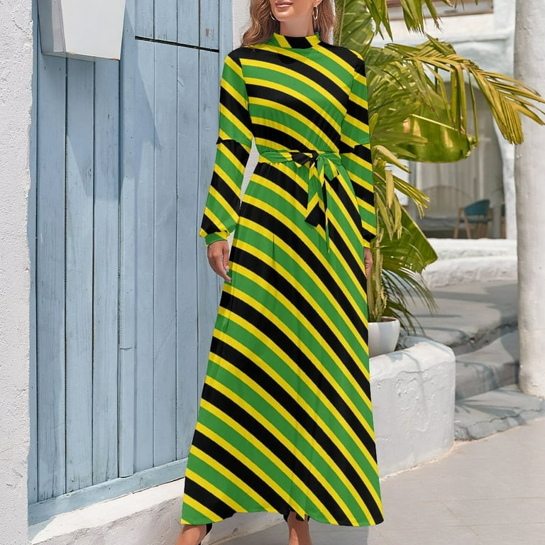 Jamaica Flag Dress Green Yellow Stripes Vintage Maxi Dress Casual Boho  Beach Long Dresses High Waist Graphic Vestidos - Walmart.com
