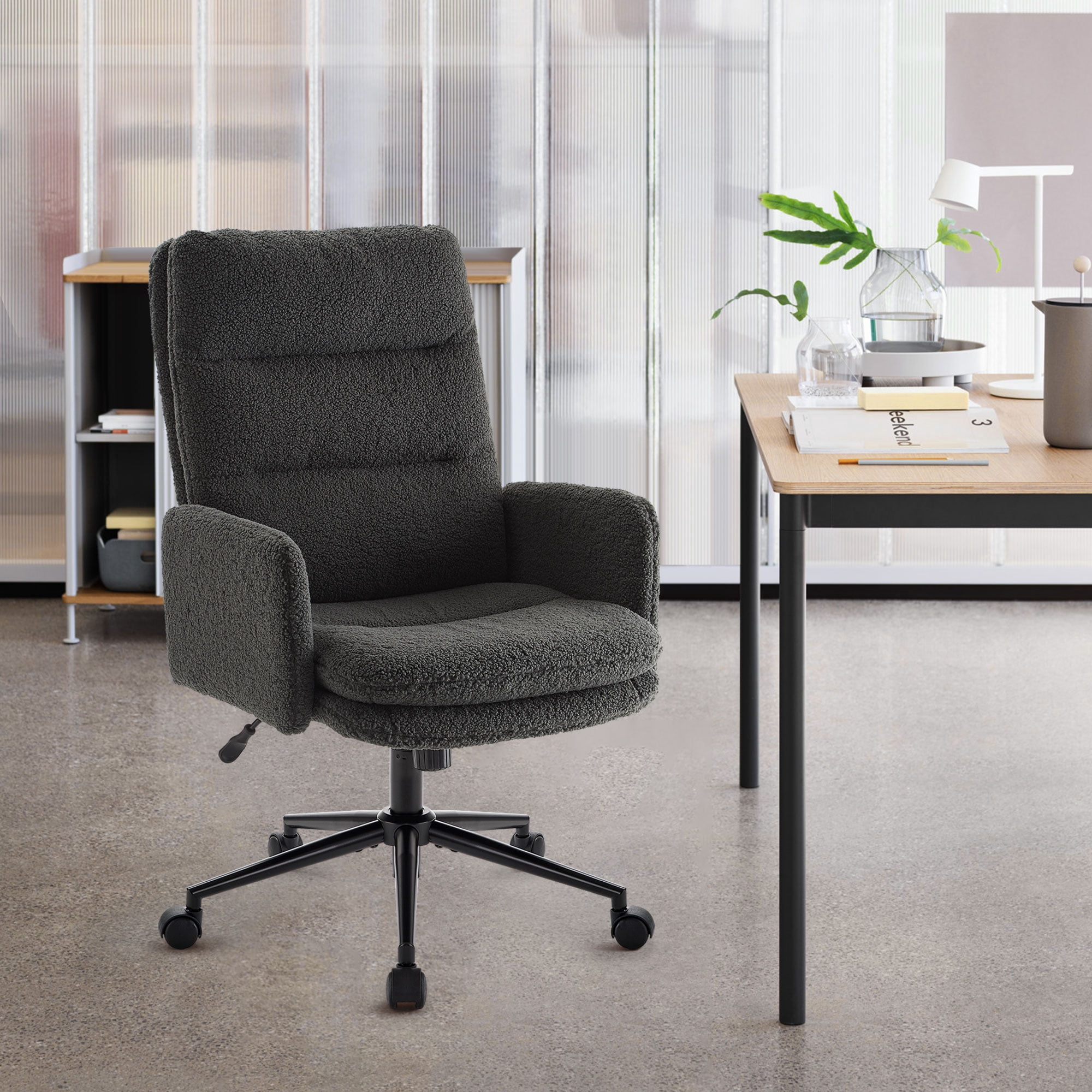 Gray High-Back Home Office Chair,Upholstered Desk Chair with Armrests,Height Adjustable Armchair with Wheels, Swivel Office Desk Chair, Ergonomic Computer Task Chair