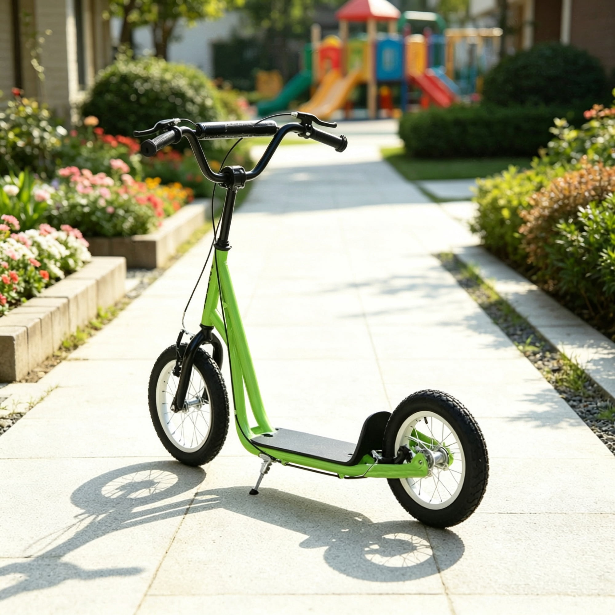 Teens Kids Ride-On Scooter, Height Adjustable Handlebar, Dual Brakes, Pneumatic Wheels, Safe Toy for Children 5 and Up, Green