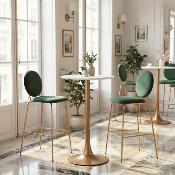 Auray Bar Table White & Gold Bar Table, Modern Style, Faux Wood MDF round shape tabletop, Steel, Indoor Bar