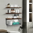 thumbnail image 4 of Floating Shelves, 3 Set Wall Mounted Wood Bathroom Shelves with Wire Storage Basket & Hooks, Farmhouse Floating Shelf Bathroom Accessories for Bedroom, Living Room, Kitchen, Bathroom Decor – Brown, 4 of 7