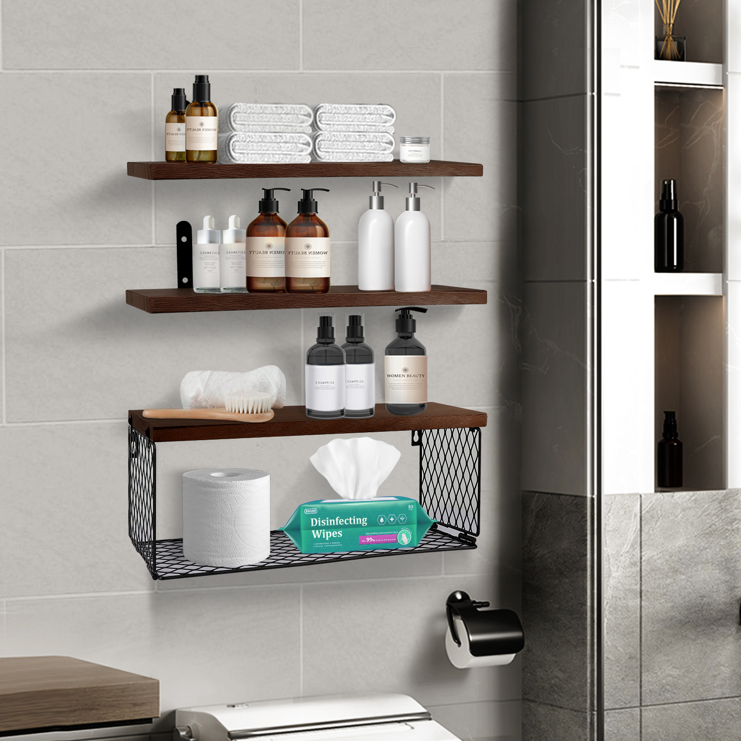 Taimasi 3-Tier Floating Shelves with Storage Basket, Brown photo 4