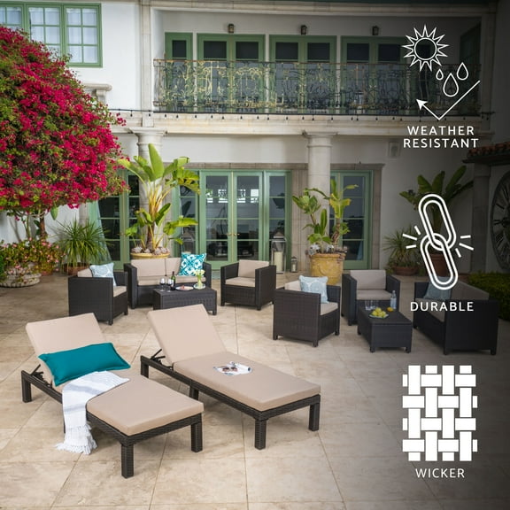 GDF Studio Venice Outdoor Wicker 8 Seater Patio Set with Chaise Lounges, Dark Brown and Beige