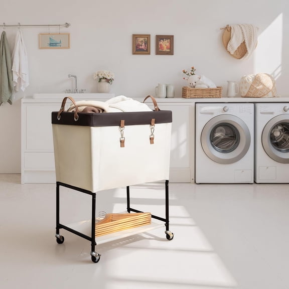 Laundry Cart, 2 Tier Rolling Laundry Basket, Heavy Duty Laundry Basket with Lockable Wheels, Laundry Room Organization and Storage, Clothes Hamper for Bedroom, Dorm, Closet, 29Gal, Beige
