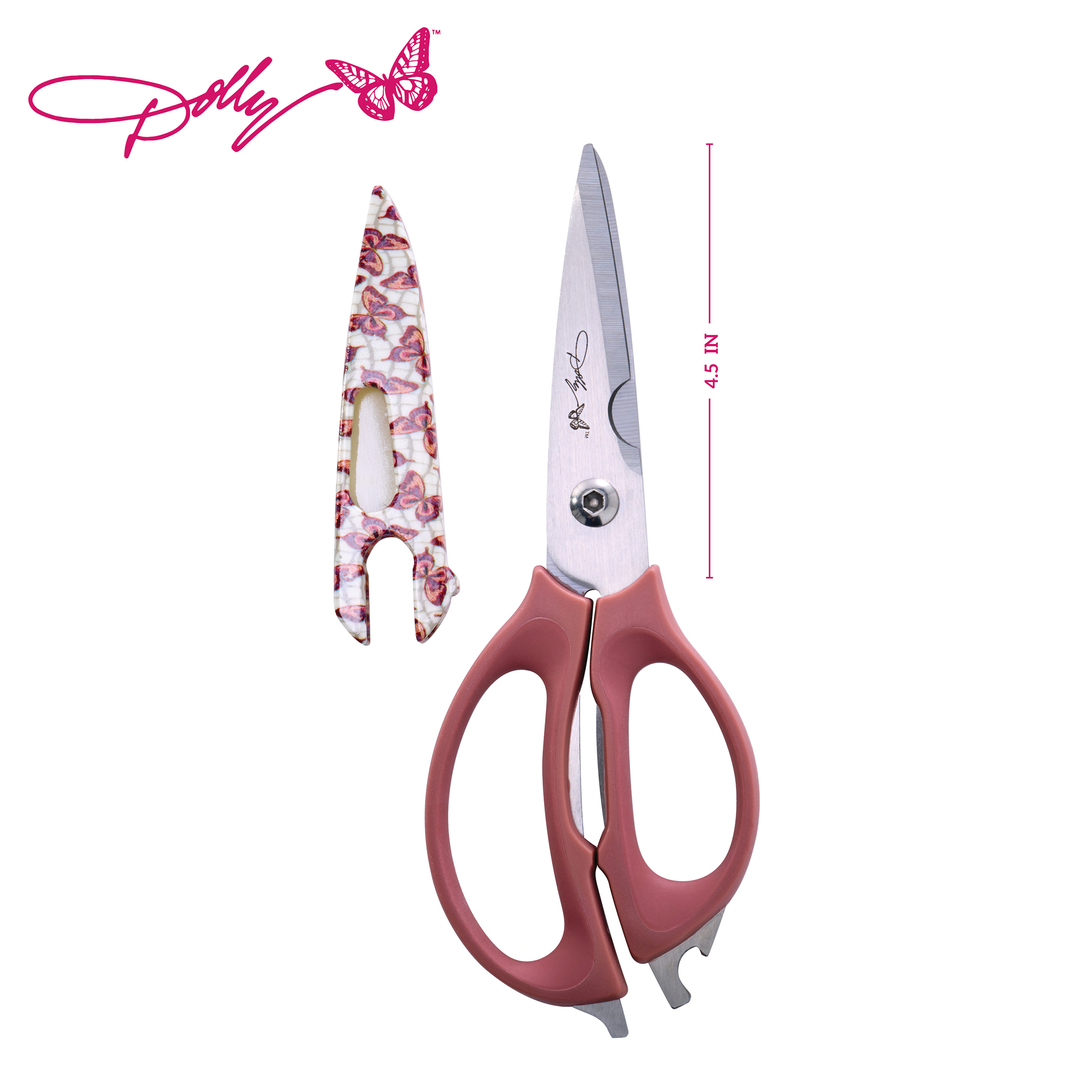 Dolly Parton 4-in-1 Kitchen Scissors with Pink Butterfly Pattern for Everyday Use