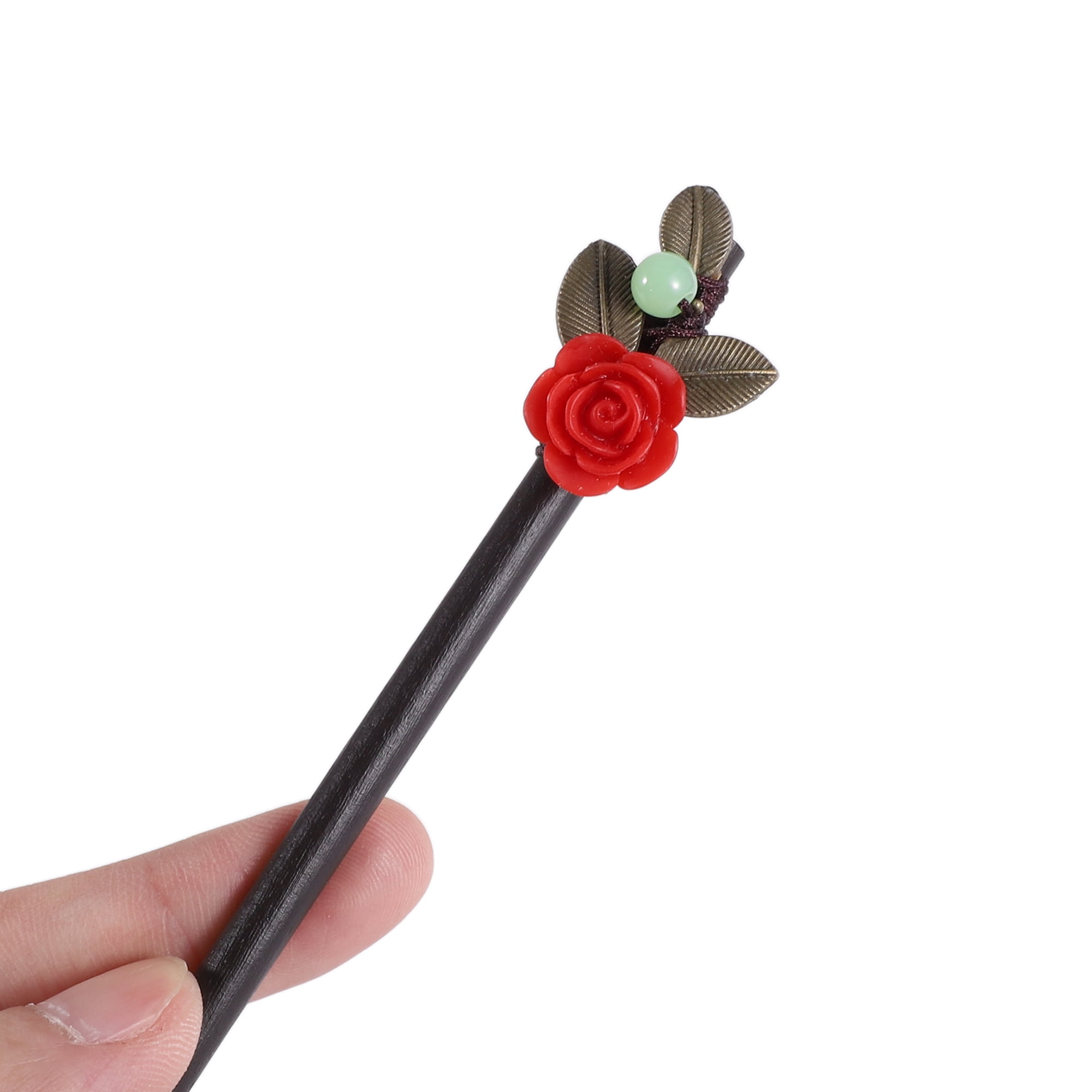 Unique Bargains Hair Chopstick for Women Black Red 1 Pc [Flower Leaves]