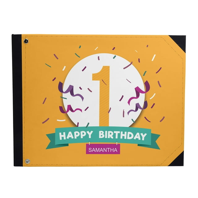 Darling Souvenir Orange Confetti & Scroll Banner Birthday PartyGuestbookHardbound Cover Personalized Printed MemoryGuestRegistry-9 x 12 Inches