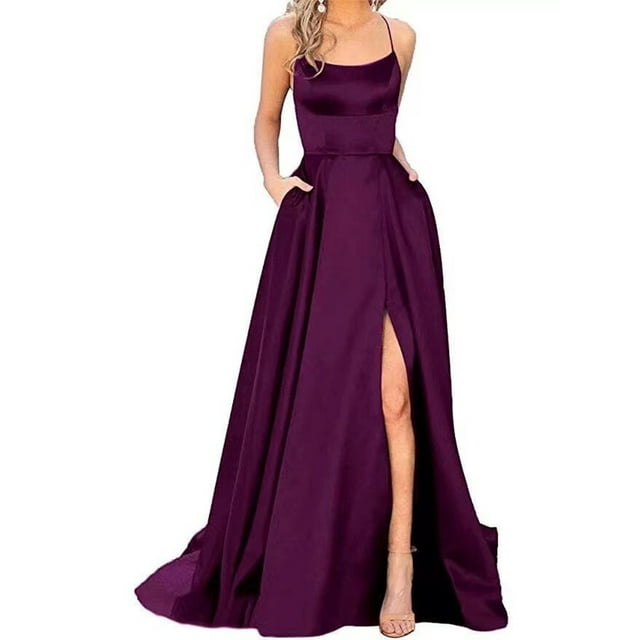 LUXUR Robe Longue Femme Col Rond Maxi Robes Sans Manches Robe de Bal Décontractée Bretelles Spaghetti Violet S