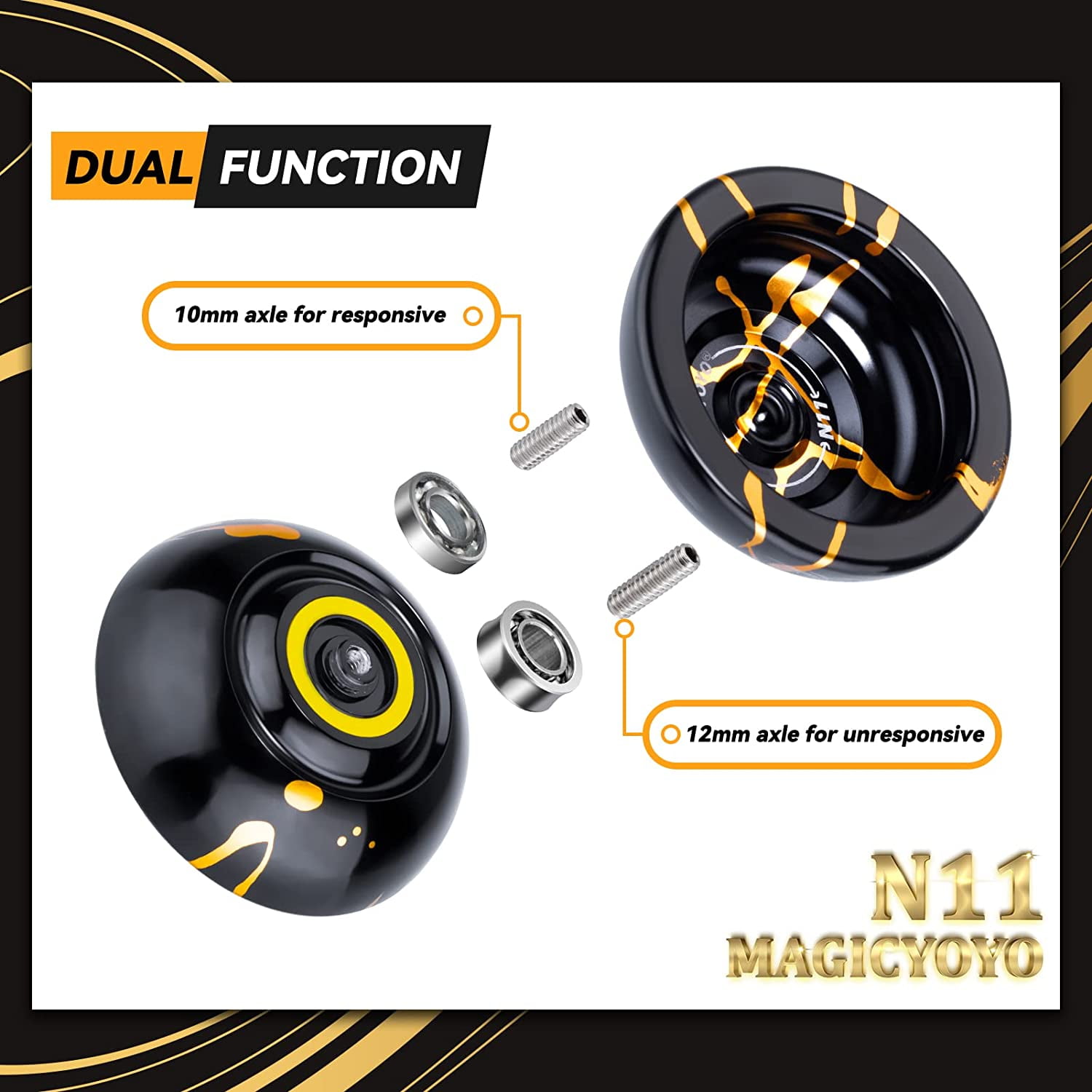 MAGICYOYO Professional Yoyo N11,  Dual Purpose Yoyo for Kids and Advanced (Black with Golden)