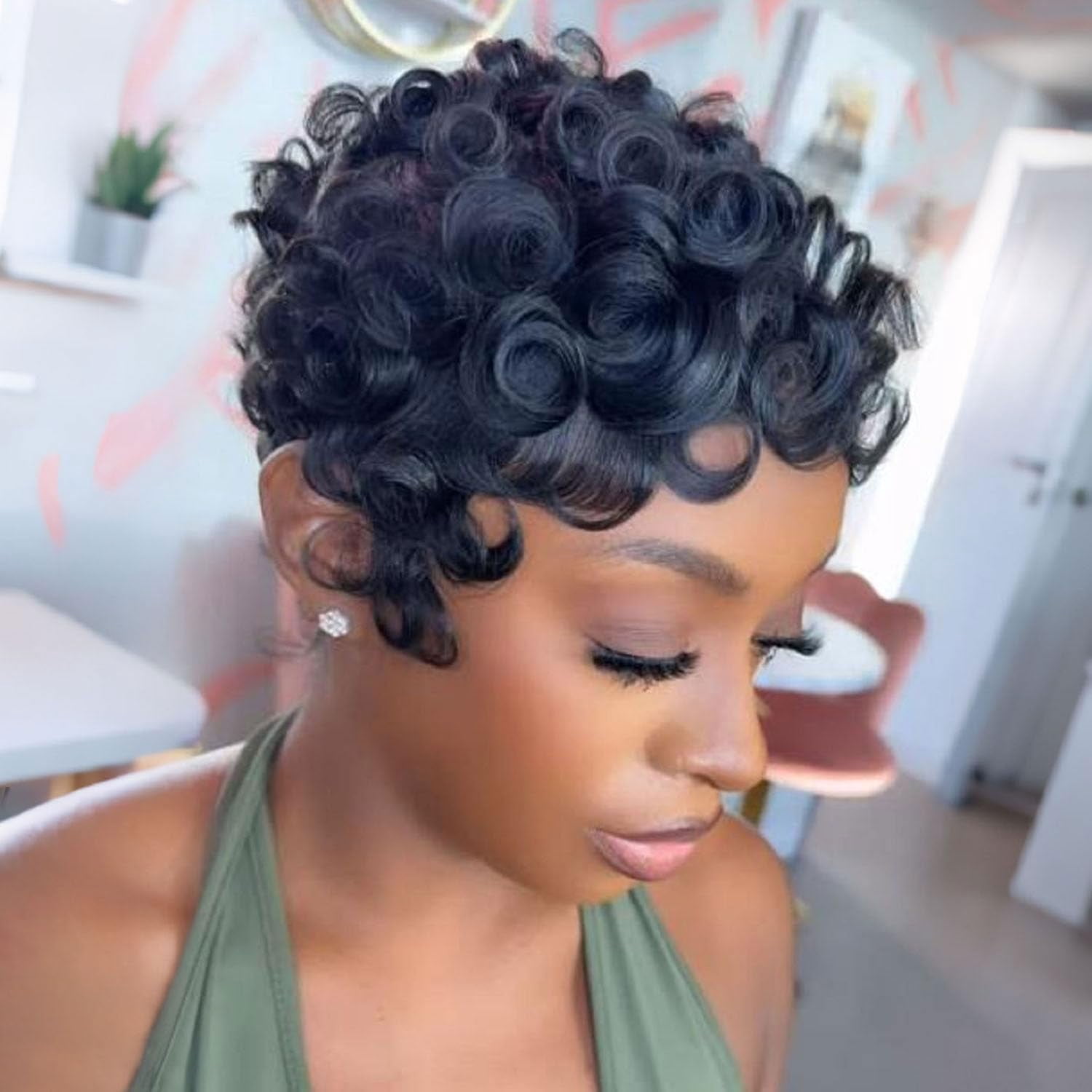No Glue Pixie Cut Wigs for Black Women Brazilian Curly Human Hair Glueless Short Layered Wigs With Bangs Natural Black Daily Wig