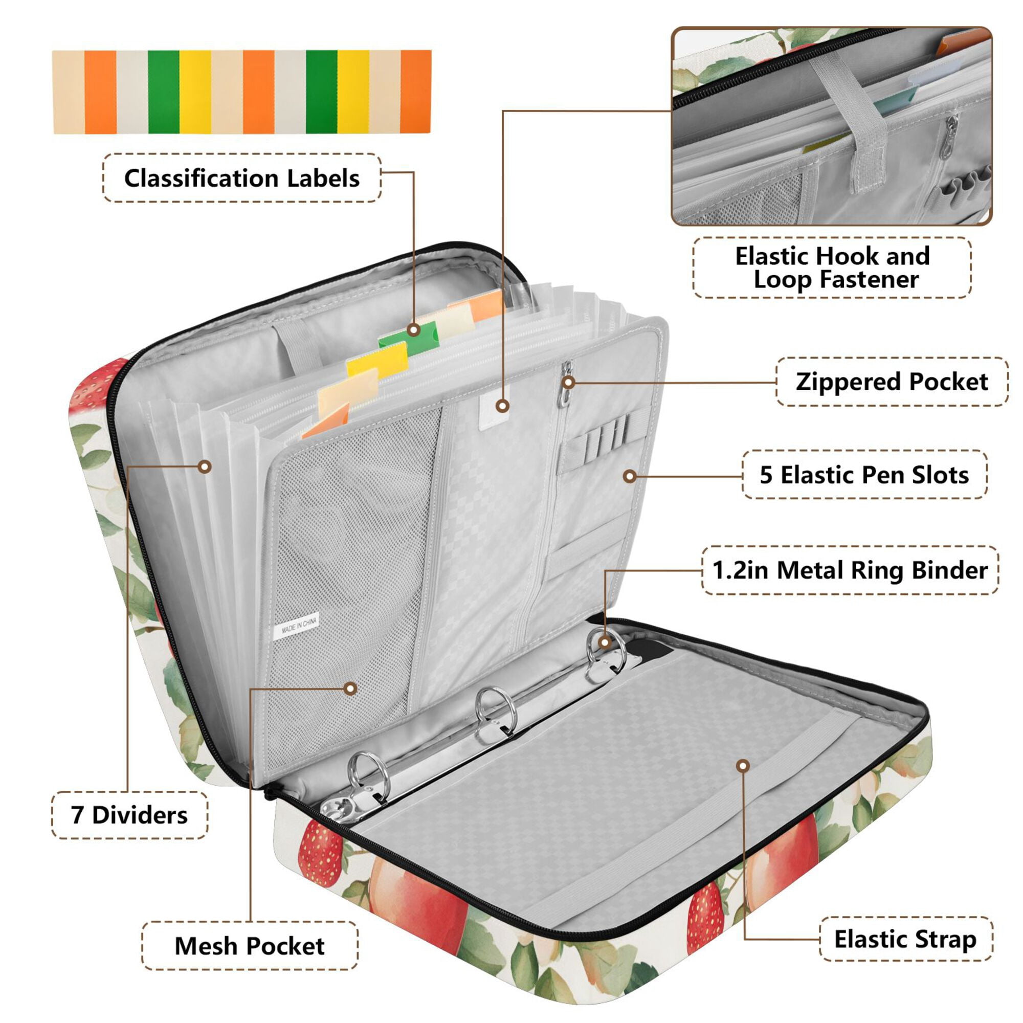 FORMRS Accordion File Folder A4 Size 7-Pocket Expanding Document Organizer Bag with 3 Ring Binder, Beige Apple Pattern