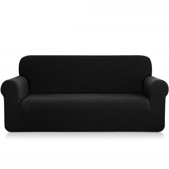 Enova Home Ultra Soft Rhombus Jacquard Polyester Spandex Fabric 2 Seaters Box Cushion Loveseat Slipcovers (Black)