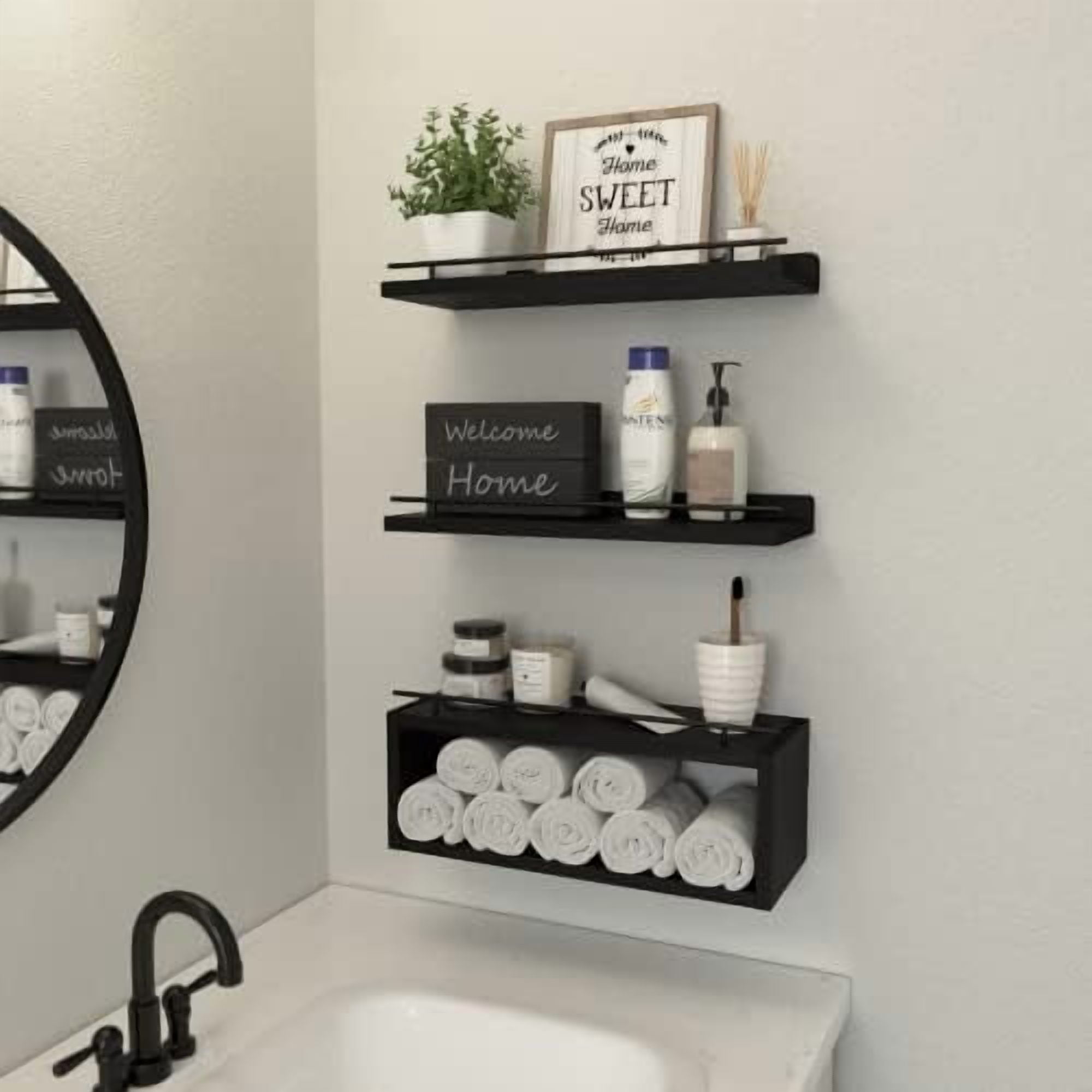Floating Shelves for Wall with Cube Shelf, Wall Shelves with Metal Rail for Bathroom Decor, Bathroom Organizers and Storage, Over Toilet Shelves for Toilet Paper-Black