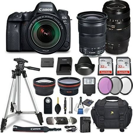 Canon EOS 6D Mark II DSLR Camera w/ 4 Lens Bundle including EF 24-105mm f/3.5-5.6 IS STM + 2.2x Telephoto & 0.43x Aux Wide Angle Lens + 2Pcs 32GB SD + Accessories with Premium Commander Kit (29
