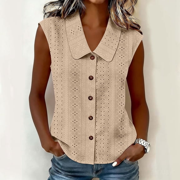 Women's Sleeveless Eyelet Embroidery Blouse Lapel Collar Button Shirt Dressy Casual Tank Tops Lightweight Breathable Daily Wear Khaki XXL