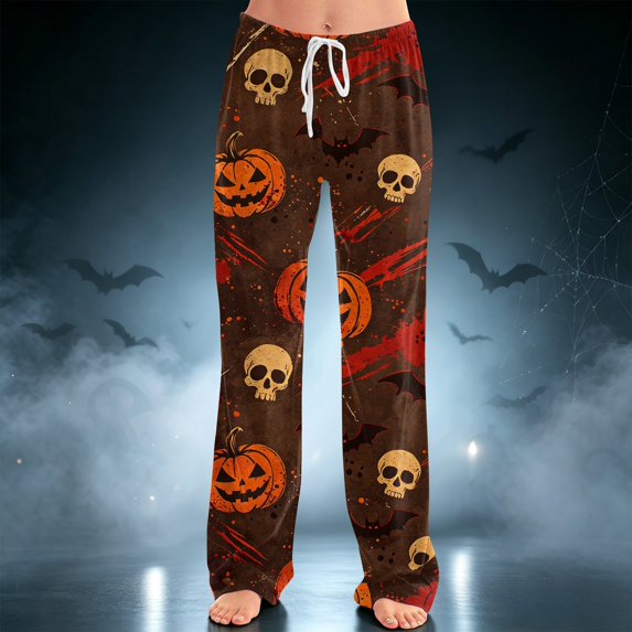 IYYVV Halloween Pajama Pants for Women Stretch Drawstring Lounge Pants Casual Pumpkin Ghost Printed Wide Leg Pjs Bottoms Orange L