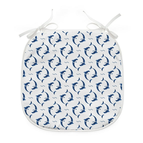 Dolphin Dining Chair Pad, Nautical Themed Simple Pattern with Playful Big Fish Round Motif, Water Resistant Pillow with Straps for Kitchen Seats, 12 Pieces Set, Cobalt Blue Night Blue, by Ambesonne