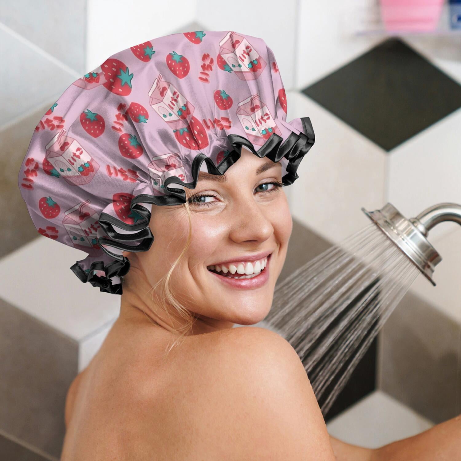 Shower Caps,Strawberry Plants Fruit Milk Box Waterproof Shower Cap for Women 4 Pieces,Double Reusable Hair Cover for Shower PEVA Elastic Stretch Hem