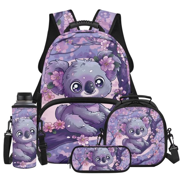 HUIACONG 4pcs Cherry Blossom Koala Backpack for Kids Boys Girls, Complete School Bag Set with Lunch Box, Pencil Case and Water Bottle Sleeve, Lightweight Satchel for Preschool and Primary Students