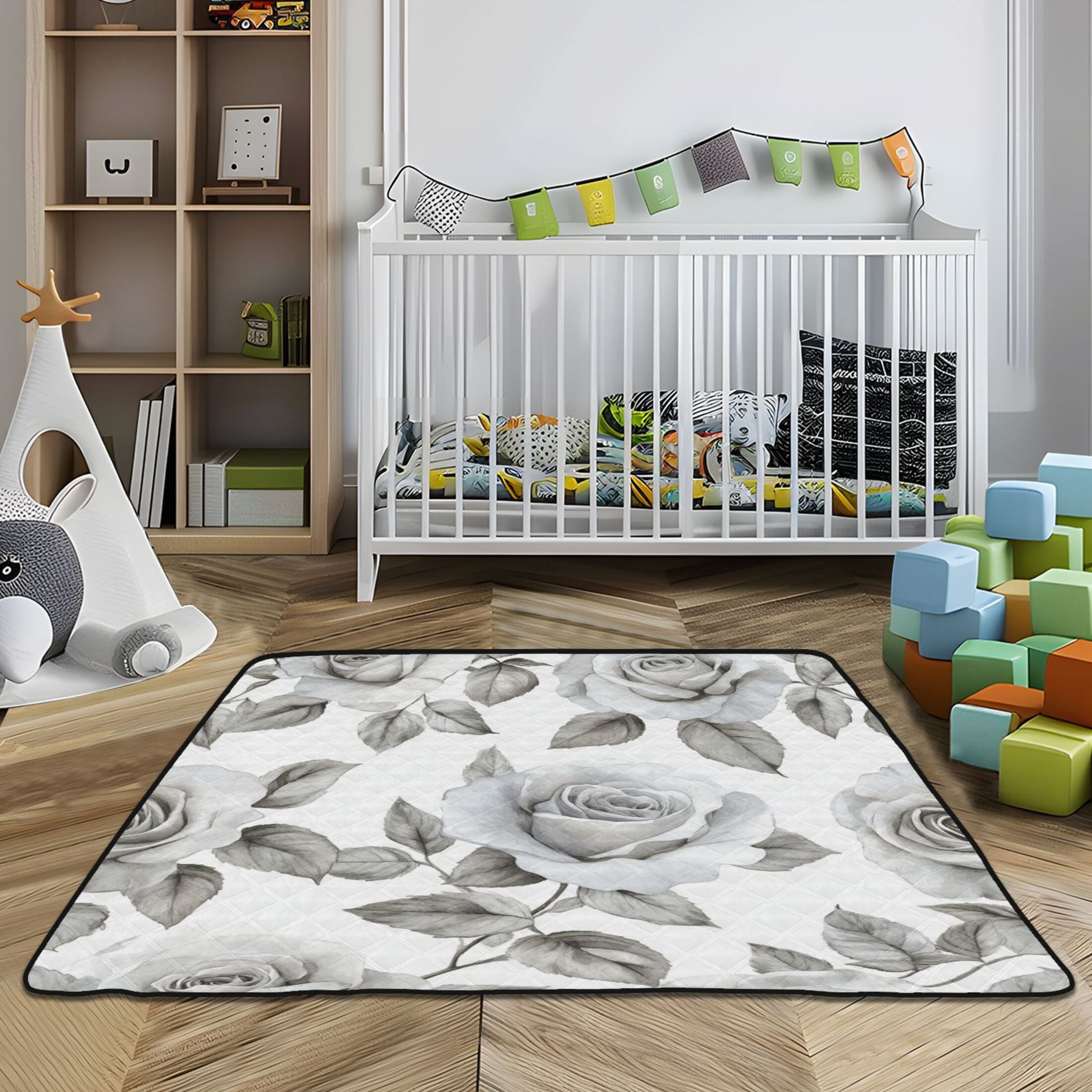 WOBOGO Rose Pattern in Gray and White Tones Baby Playmats Extra Large Waterproof Rollable Activity Pads for Toddlers 50×50inch