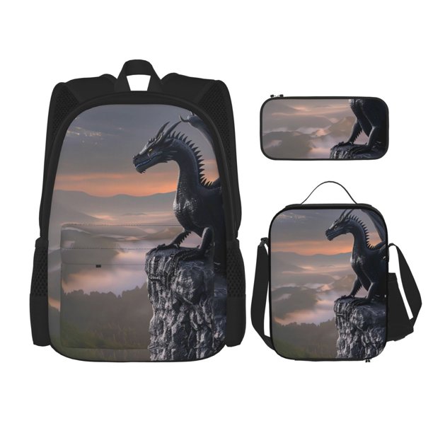 Balery Black Dragon Cliff Dawn Mochila escolar 3 en 1 para niños: mochila resistente con lonchera térmica y estuche para lápices. Mochila escolar para niños y niñas.