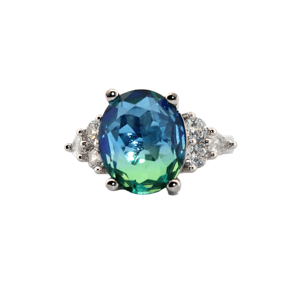 Oval Blue/Green Bi-colored Tourmaline & Topaz Silver Ring, size 8 172