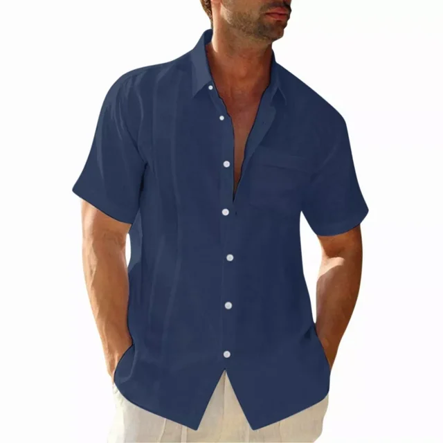 Camisa Strech Cuello Mao Lino Hombre Casual Manga Corto Slim
