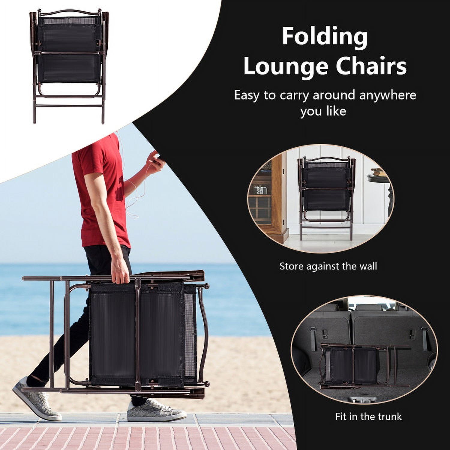 Aimee Lii Set of 2 Patio Folding Sling Back Camping Deck Chairs, Outdoor Patio Set, Black