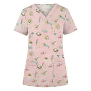 Snorda Scrubs Women Scrub Tops V-neck Working Uniform Printed Pockets Blouse