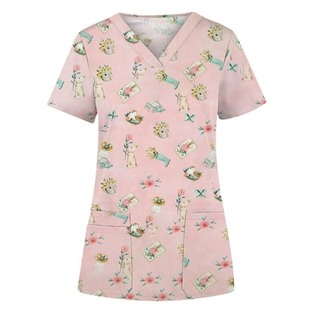 

Hesxuno Thanksgiving Scrubs Womens Tops Women s Fashion Easter Rabbit Print V-neck Short Sleeve Pocket Workwear Top Nurse Shirts Easter Scrubs