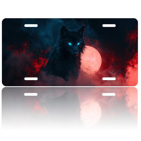 1 Pcs License Plate Covers & Frames, Black Wolf against Blood Moon For Decorative Front, Aluminum License Plate Covers & Frames Cover For Men Women, 12" X 6"