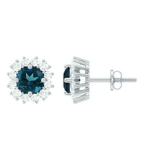 Rosec Jewels 3/4 CT London Blue Topaz and Diamond Halo Stud Earrings for Women, 925 Sterling Silver
