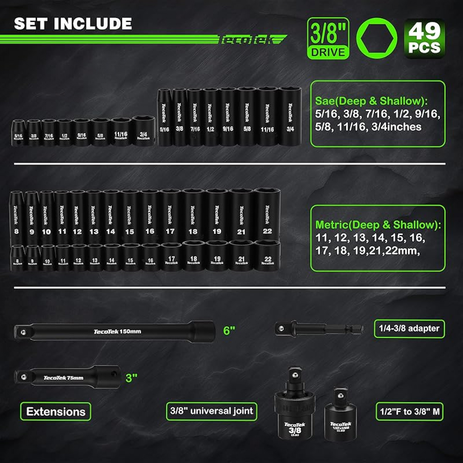 3/8" Drive Impact Socket Set, 49-Piece Standard SAE (5/16"-3/4") and Metric (8mm-22mm), 6 Point, Cr-V, Extension Bars, 1/2" F to 3/8" M Reducer, Universal Joint and Power Drill Adapter
