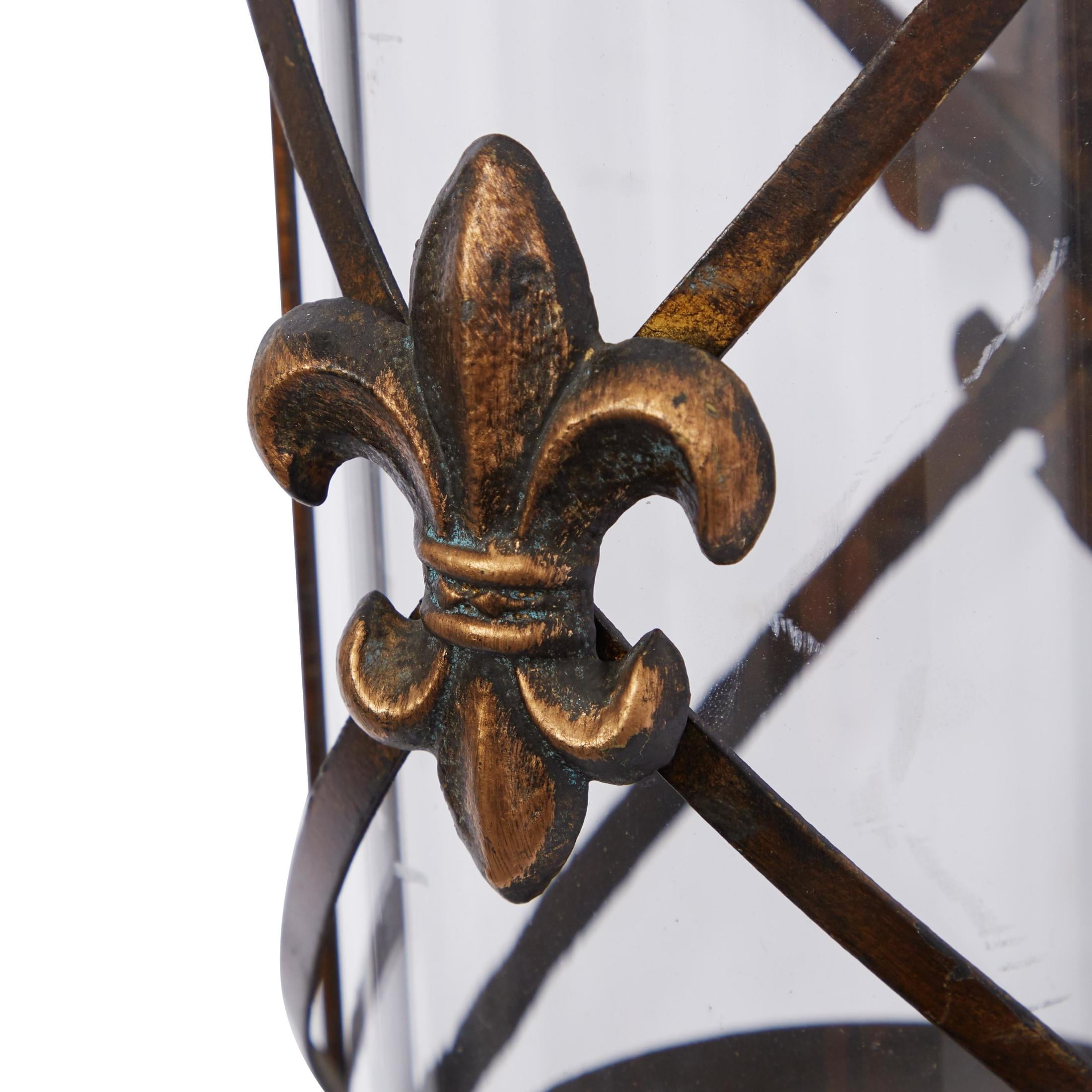DecMode Bronze Metal Fleur De Lis Suspended Studded Wall Sconce with Scroll Details