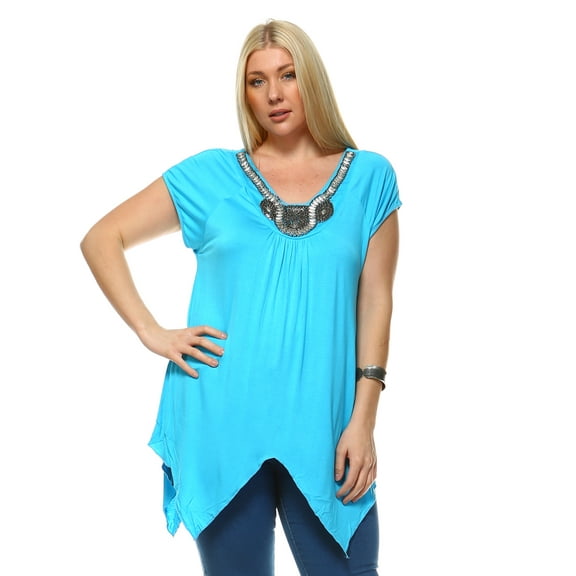 White Mark Women's Plus Size Embellished Short Sleeve Tunic Top