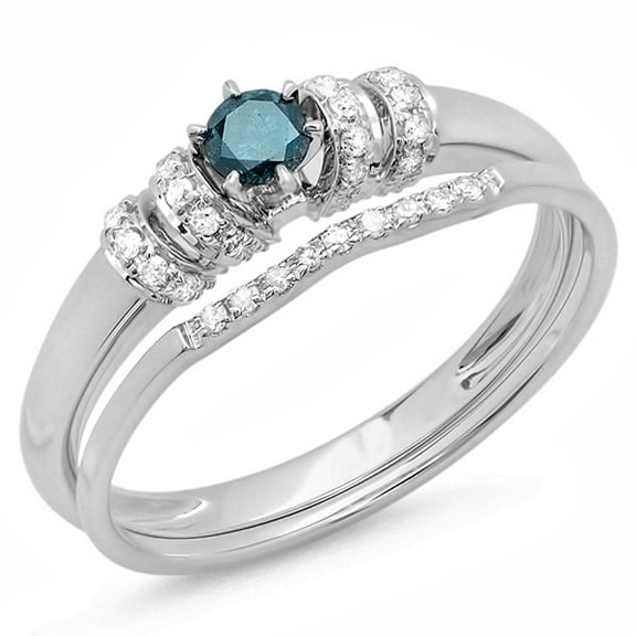 Dazzlingrock Collection 0.30 Carat (ctw) 10k Round Blue and White Diamond Ladies Bridal Ring Set 1/3 CT, White Gold, Size 7.5