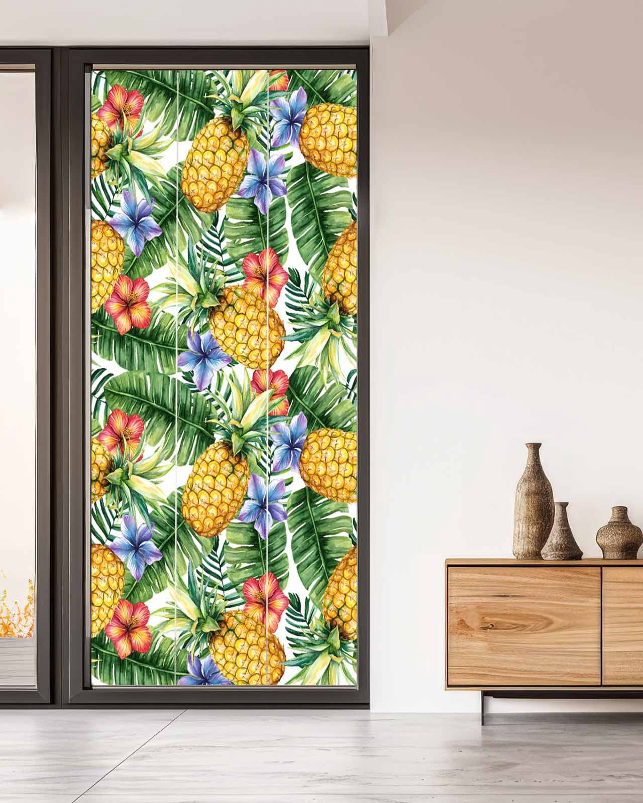Window Privacy Film Pineapple Stained Glass Window Film Decorative Sun Block Window Cover Yellow Tropical Fruit Palm Leaf Floral Summer Window Clings Static Adhesive Sticker for Bathroom 35.4"x78.7"