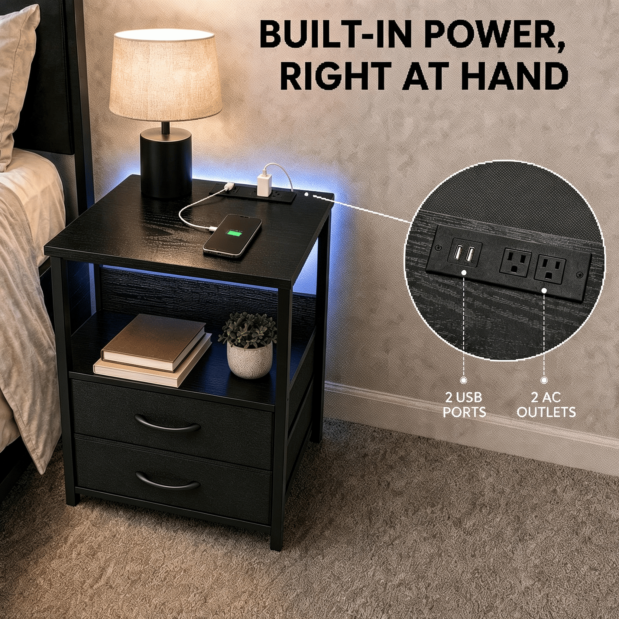 RGB LED Nightstand with Charging Station, 2 Fabric Drawers and Open Shelf, Particle Board and Steel Frame Bedside End Table for Bedroom