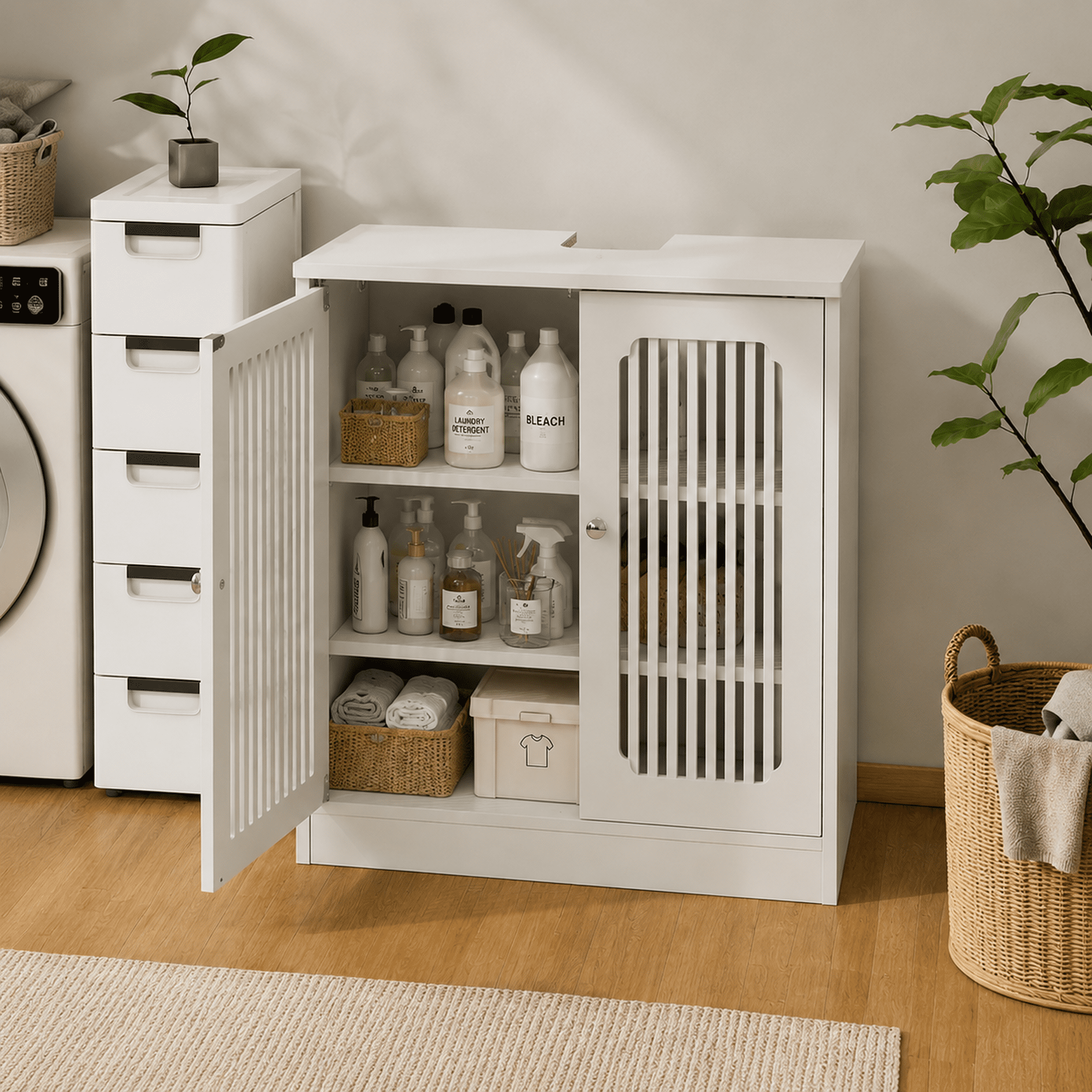White Louvered Double Door Freestanding Bathroom Vanity Cabinet (Sink Not Included), Moisture Resistant MDF Storage Cabinet with Adjustable Internal Shelf