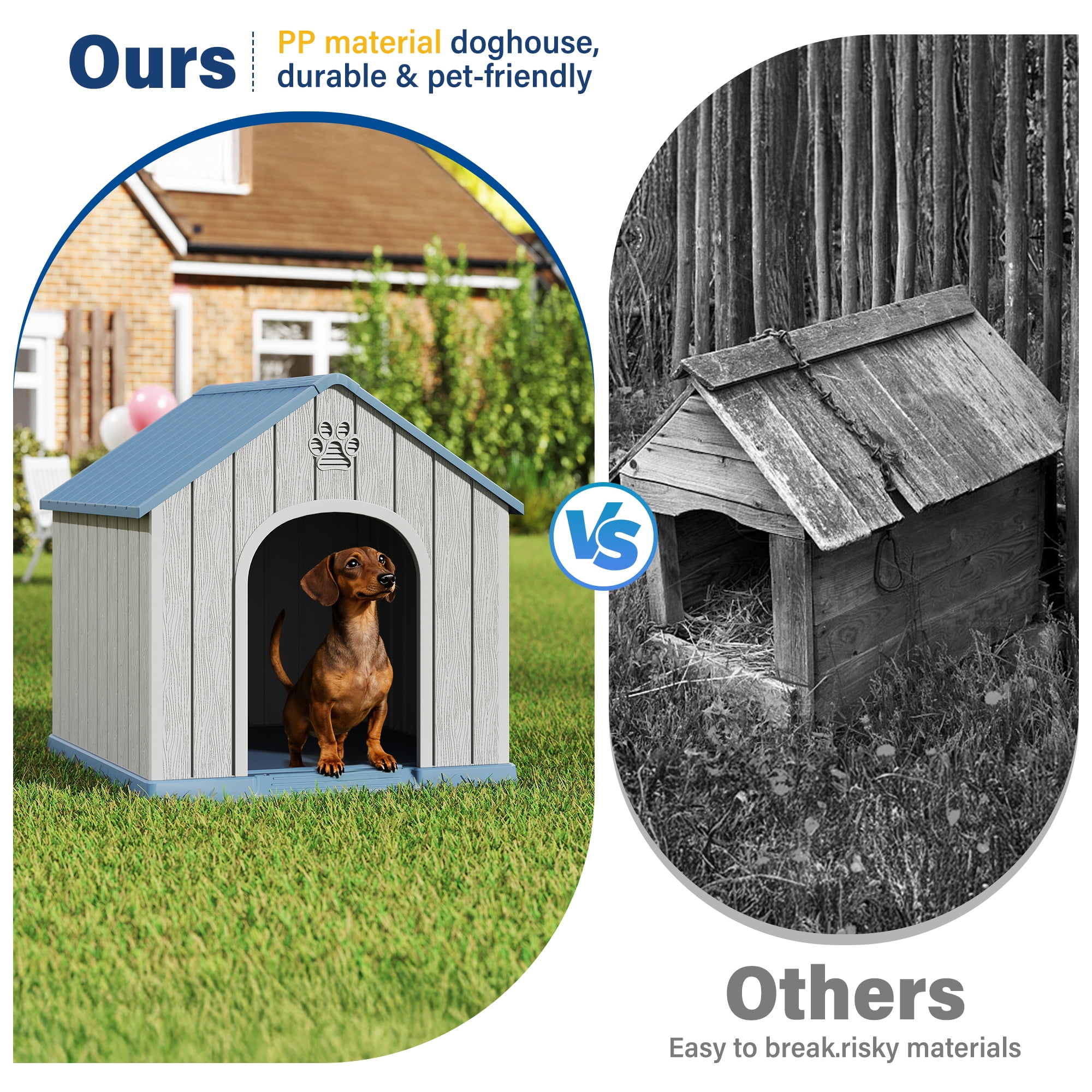 LHBcraft Durable Dog House for Small Medium Dogs,PP Waterproof Dog Shelter with Air Vents & Elevated Floor,Easy Clean and Assemble for Outdoor & Indoor,Blue