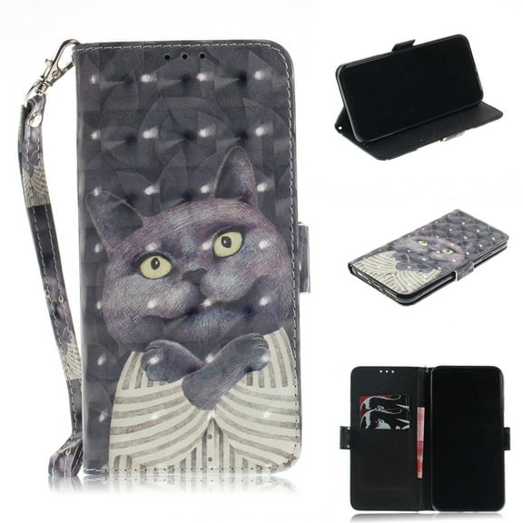 iPhone XR Case, iPhone XR 2018 Case, Allytech 3D PU Leather Protective Cover & Pocket Lanyard Wallet with Cards Holder, Support Kickstand Slim Case for Apple iPhone XR （6.1"）, Black Cat
