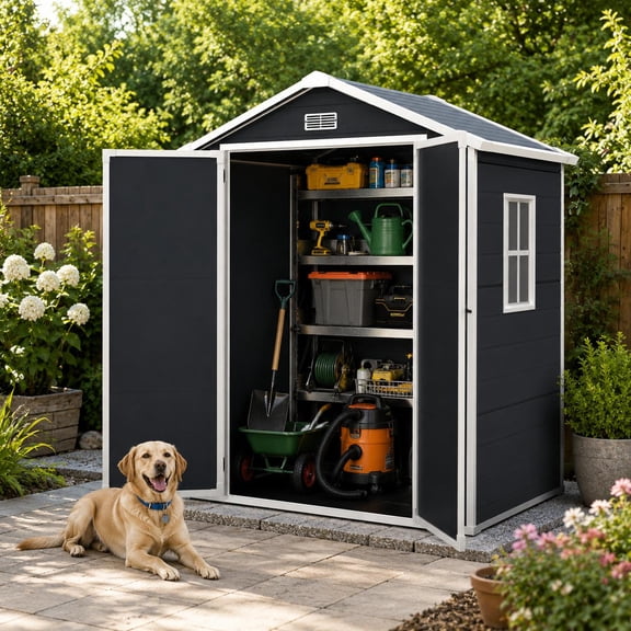 6x4 FT Resin Outdoor Storage Shed with Floor, Plastic Garden Shed with Double Doors, Window & Ventilation, Sloped Roof for Backyard, Garden, Patio & Lawn Equipment, Dark Gray
